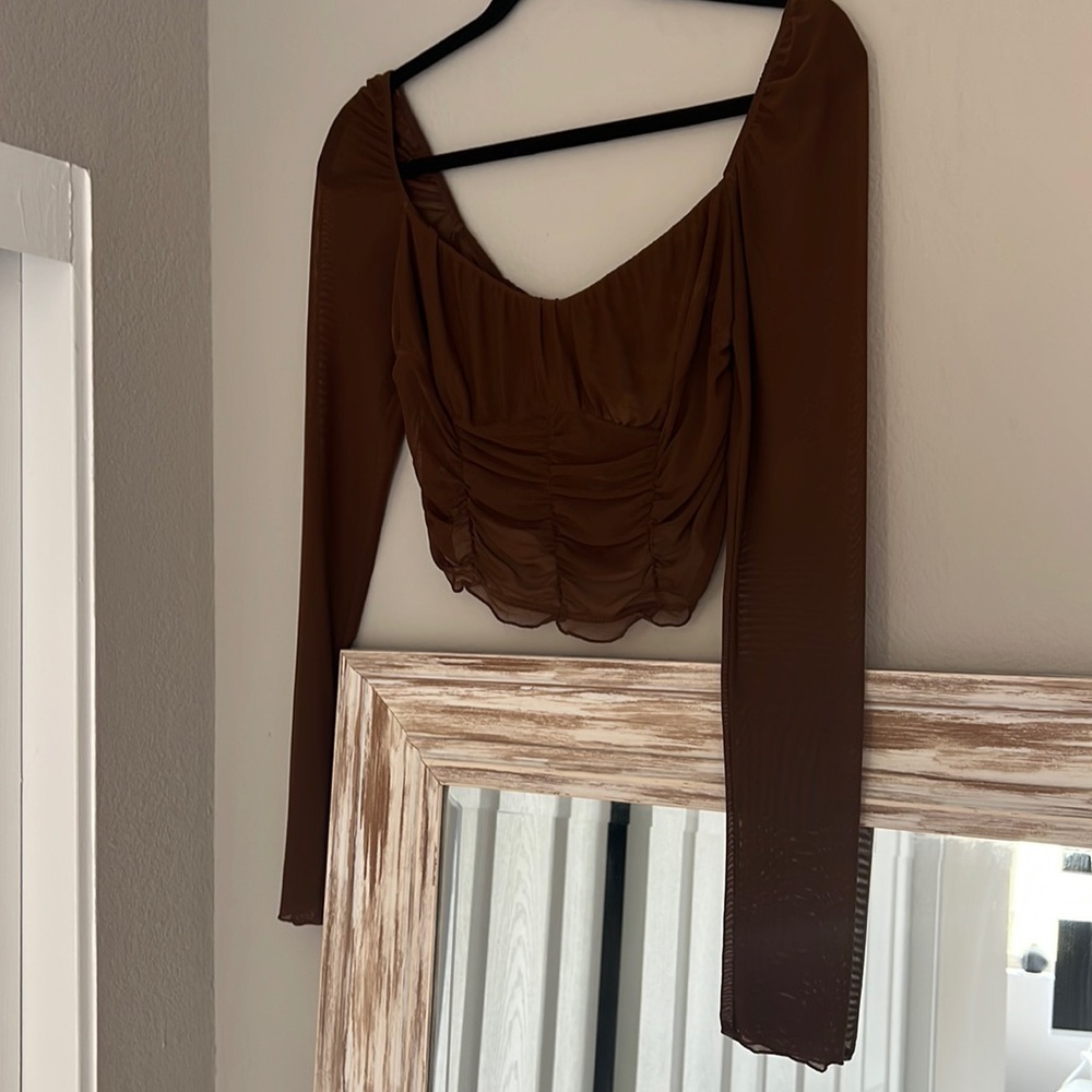 Large brown mesh rushed long sleeve crop top